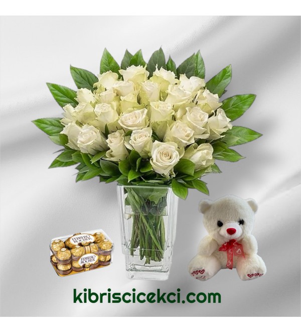 Vazoda 27 Beyaz Gül Ayıcık 16'lı Ferrero Çikolata